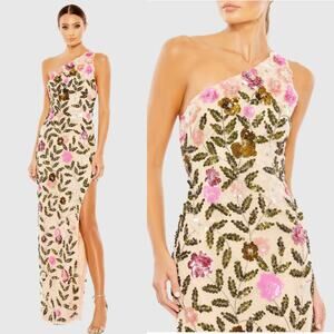 Mac Duggal One-Shoulder Floral Sequin Maxi Dress